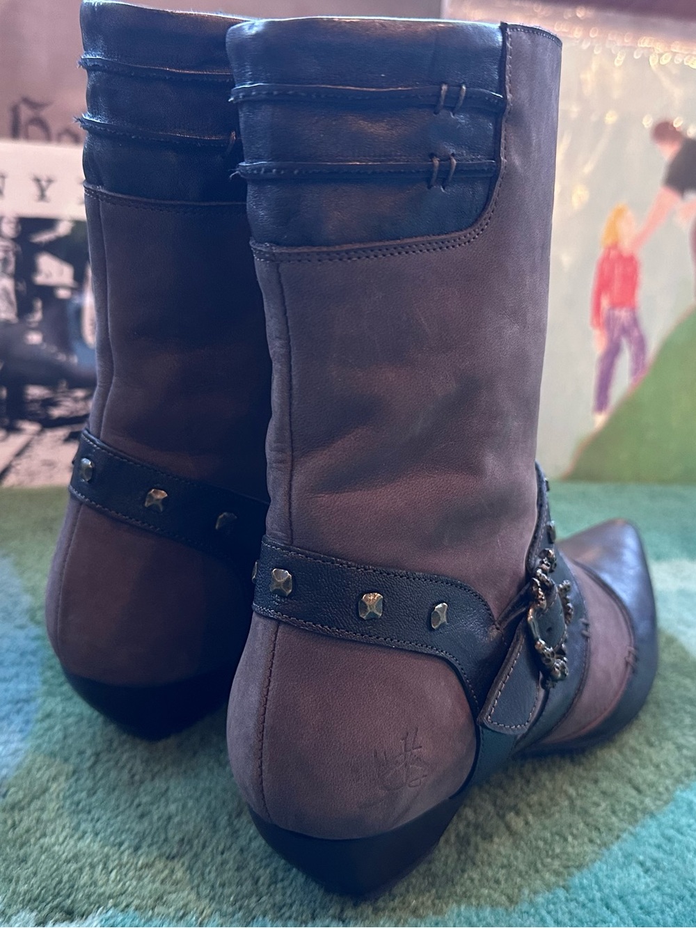 Fluevog LIKE NEW Truth Spencer chocolate brown skull buckle mid-calf boot - 7 - Picture 4 of 16